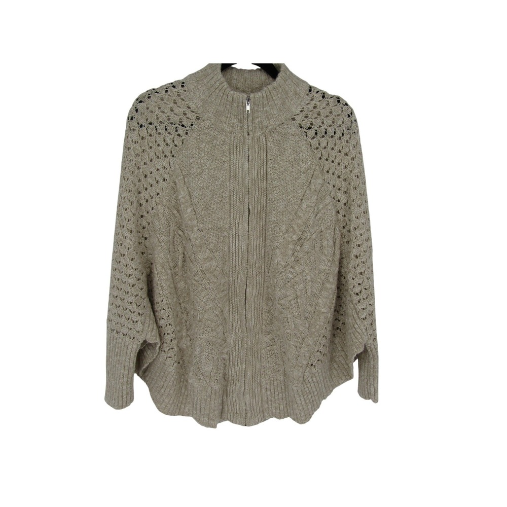 Maurices Zip Up Poncho‎ Cardigan M/L Beige Cable Knit Boho Cottage Chic Layer